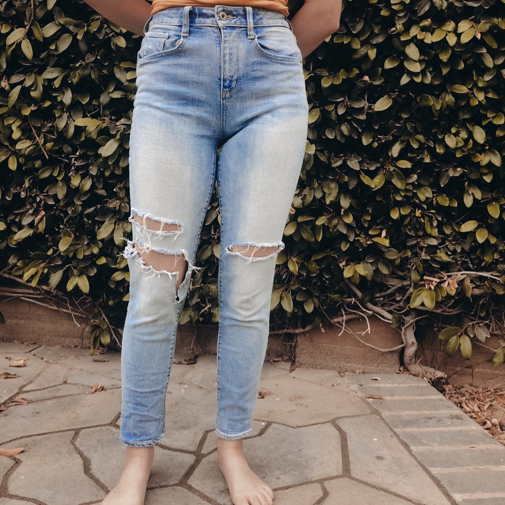 | ripped blue jeans.
